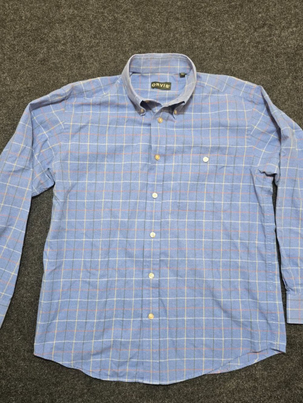 Orvis Men’s Button Down Shirt L Blue Plaid 100% Cotton Long Sleeve Style 4E4C